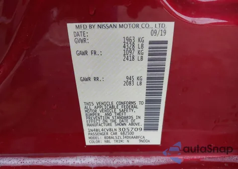 2020 Nissan Altima Sr Fwd from USA, damaged, VIN 1N4BL4CV8LN305709